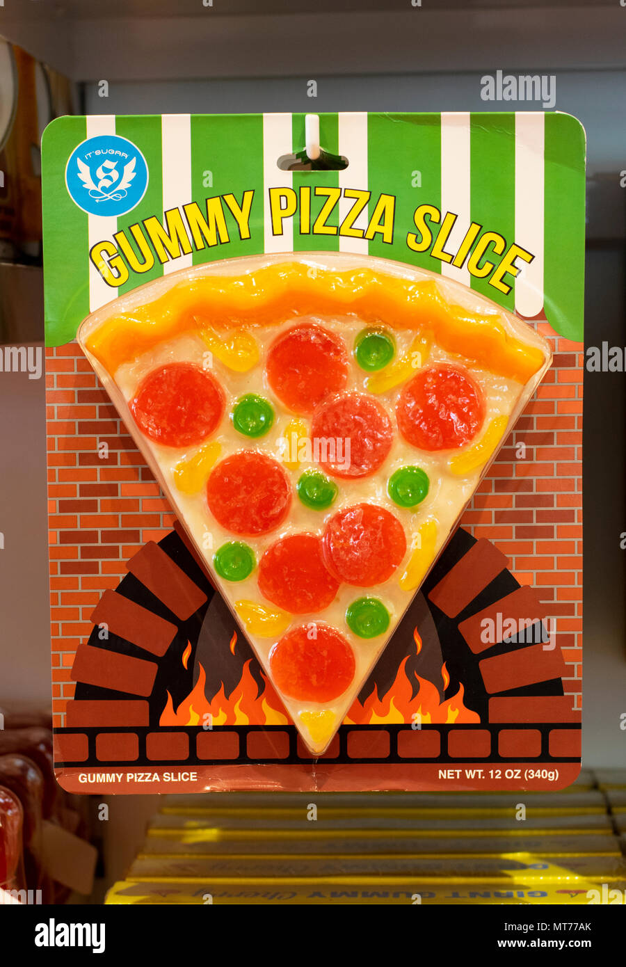 GUMMY PIZZA SLICE, a gummy bear type candy that looks like a slice of pizza. At It'sugar in the Tanger Outlets in Deer Park, Long Island, New York. Stock Photo