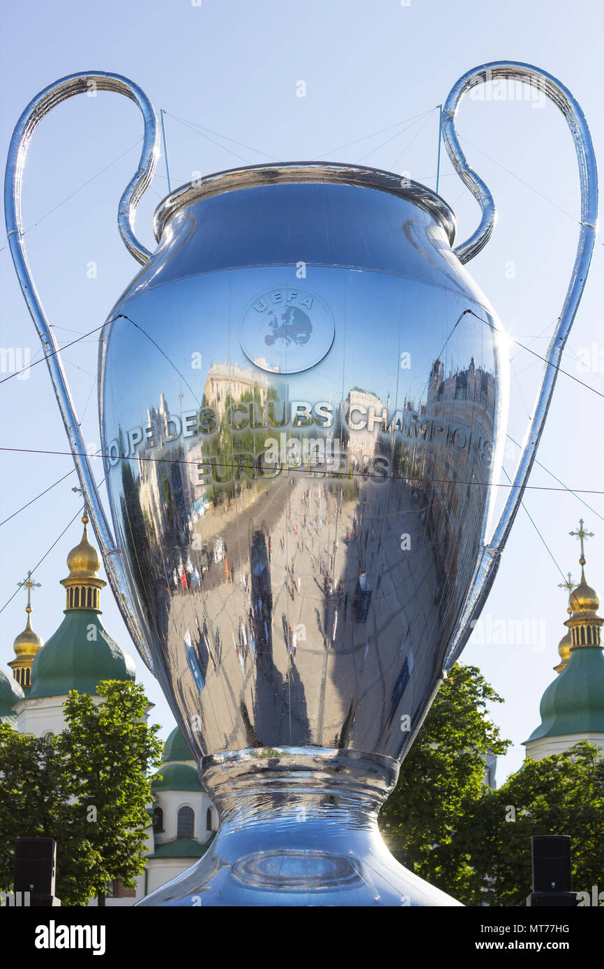 KYIV, UKRAINE - MAY 26, 2018:  Big copy of UEFA Champions League Cup on Sophia square in Kyiv Stock Photo