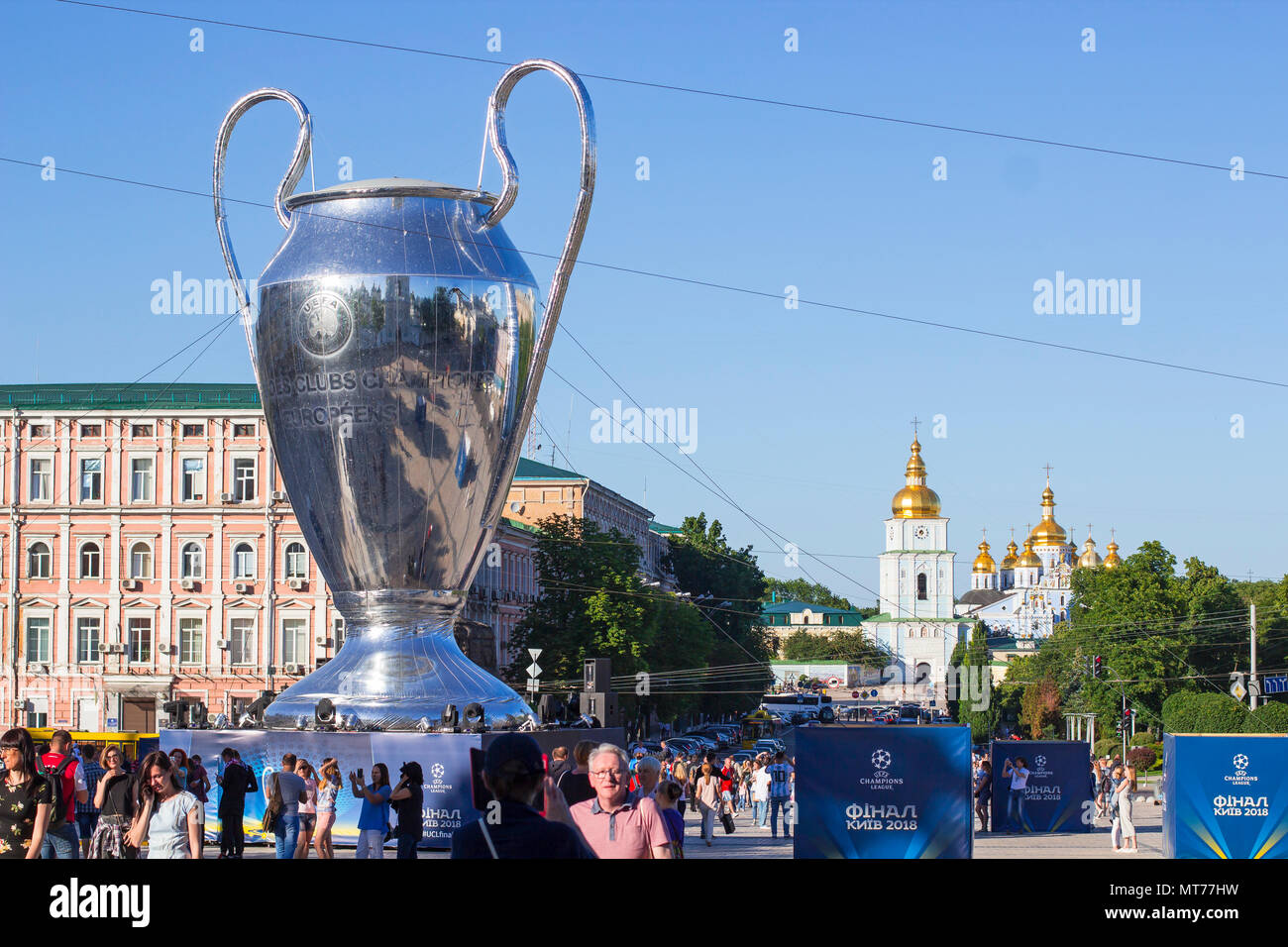 KYIV, UKRAINE - MAY 26, 2018:  Big copy of UEFA Champions League Cup on Sophia square in Kyiv Stock Photo