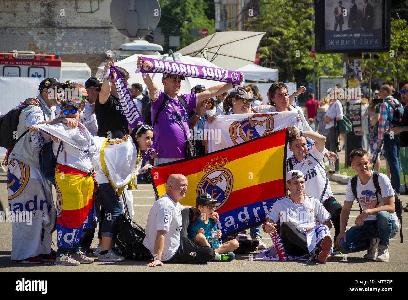 KYIV, UKRAINE - MAY 26, 2018: Real Madrid football fans taking photo at the day of UEFA Champions League Final match between Real Madrid and Liverpool Stock Photo