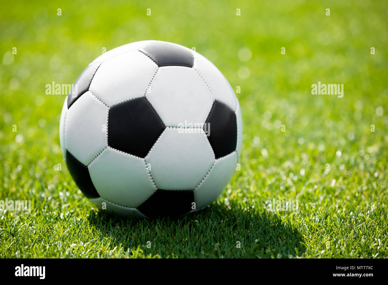 Soccer Ball on a Soccer Field. Green Grass Football Pitch. Soccer Turf in  the Background Stock Photo - Alamy