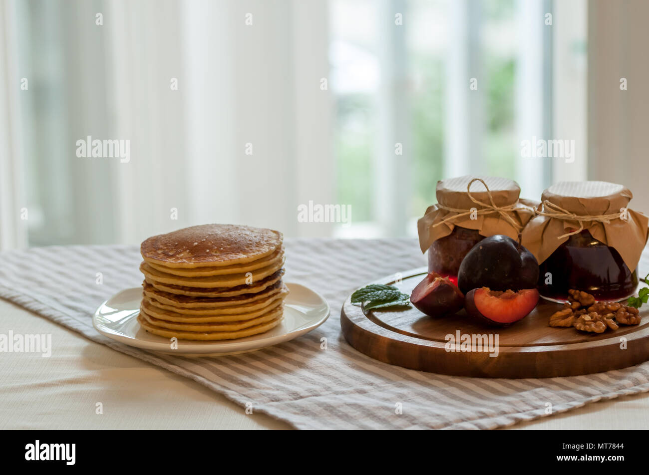 pancakes with jam breakfast Stock Photo