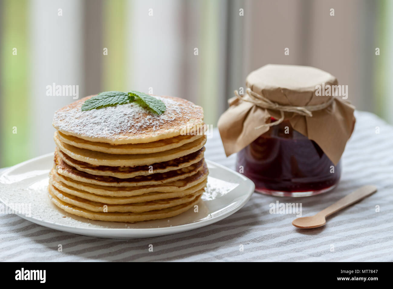 pancakes with jam breakfast Stock Photo