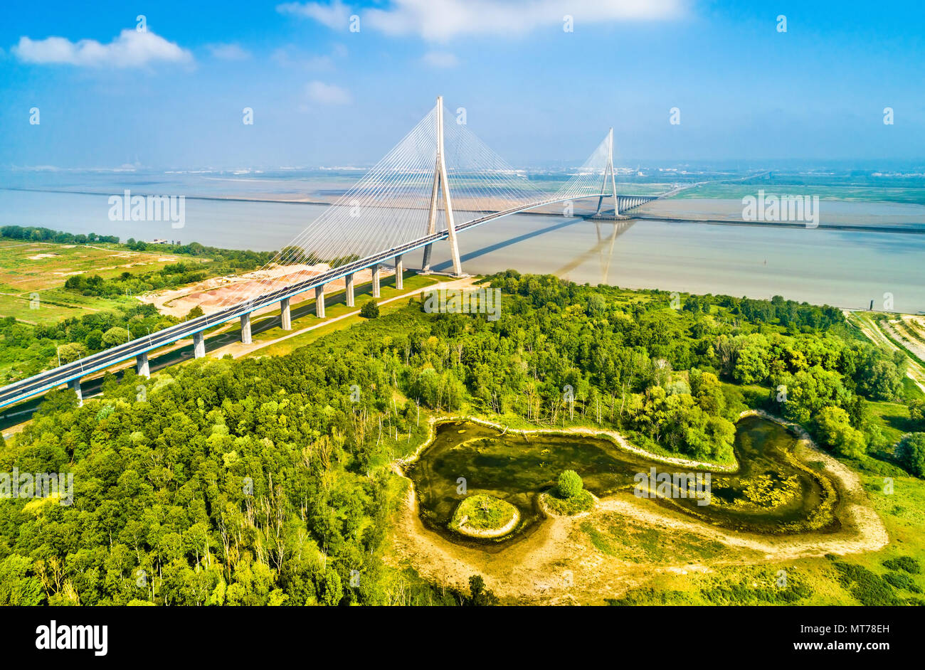 The Pont de Normandie, a road bridge across the Seine linking Le Havre to Honfleur in Normandy, France Stock Photo