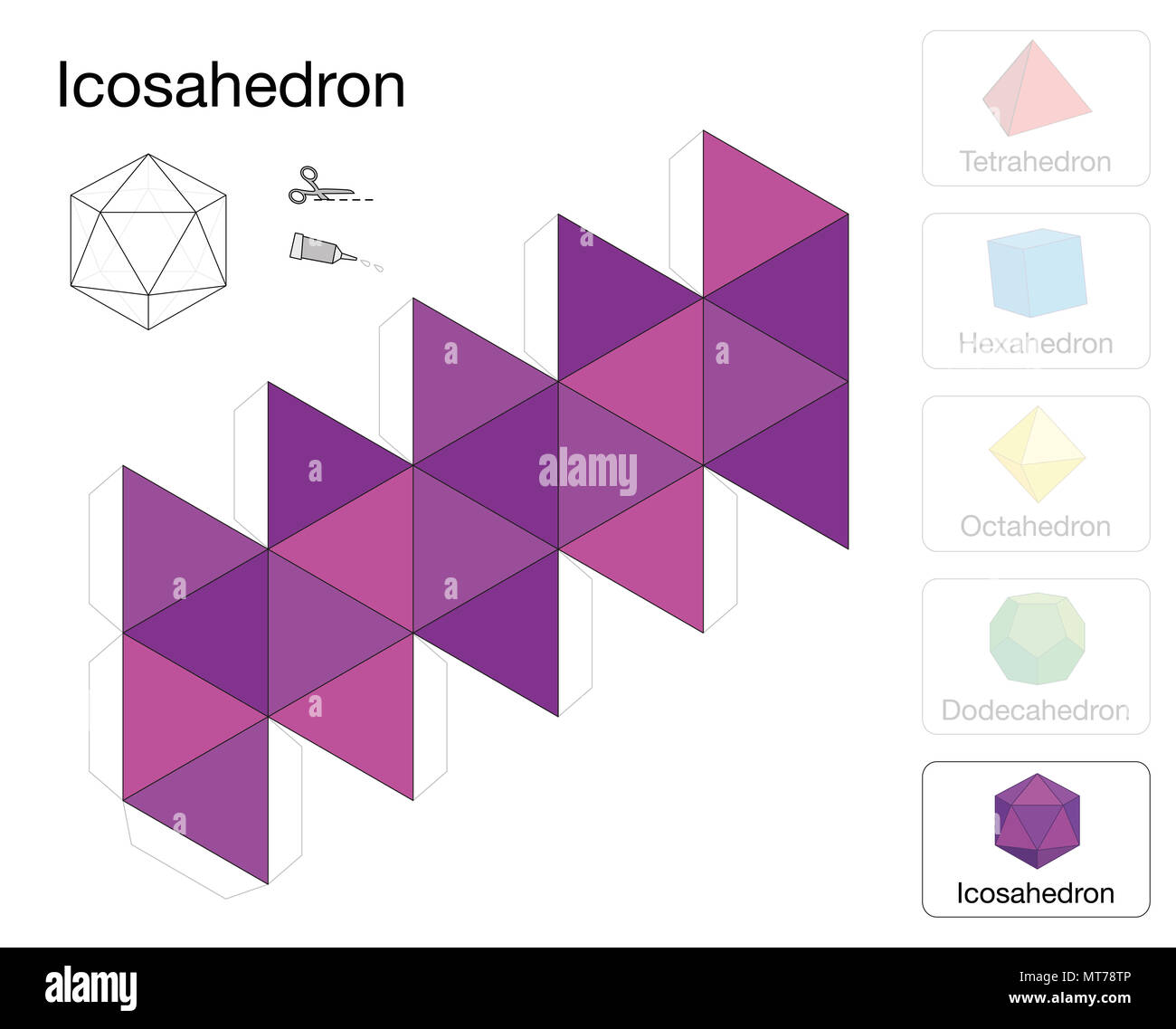 Icosahedron platonic solid template. Paper model of a icosahedron, one of five platonic solids, to make a three-dimensional handicraft work. Stock Photo