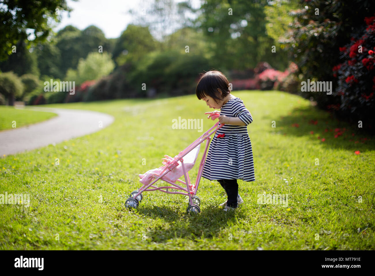 baby girl play at spring forest park Stock Photo - Alamy