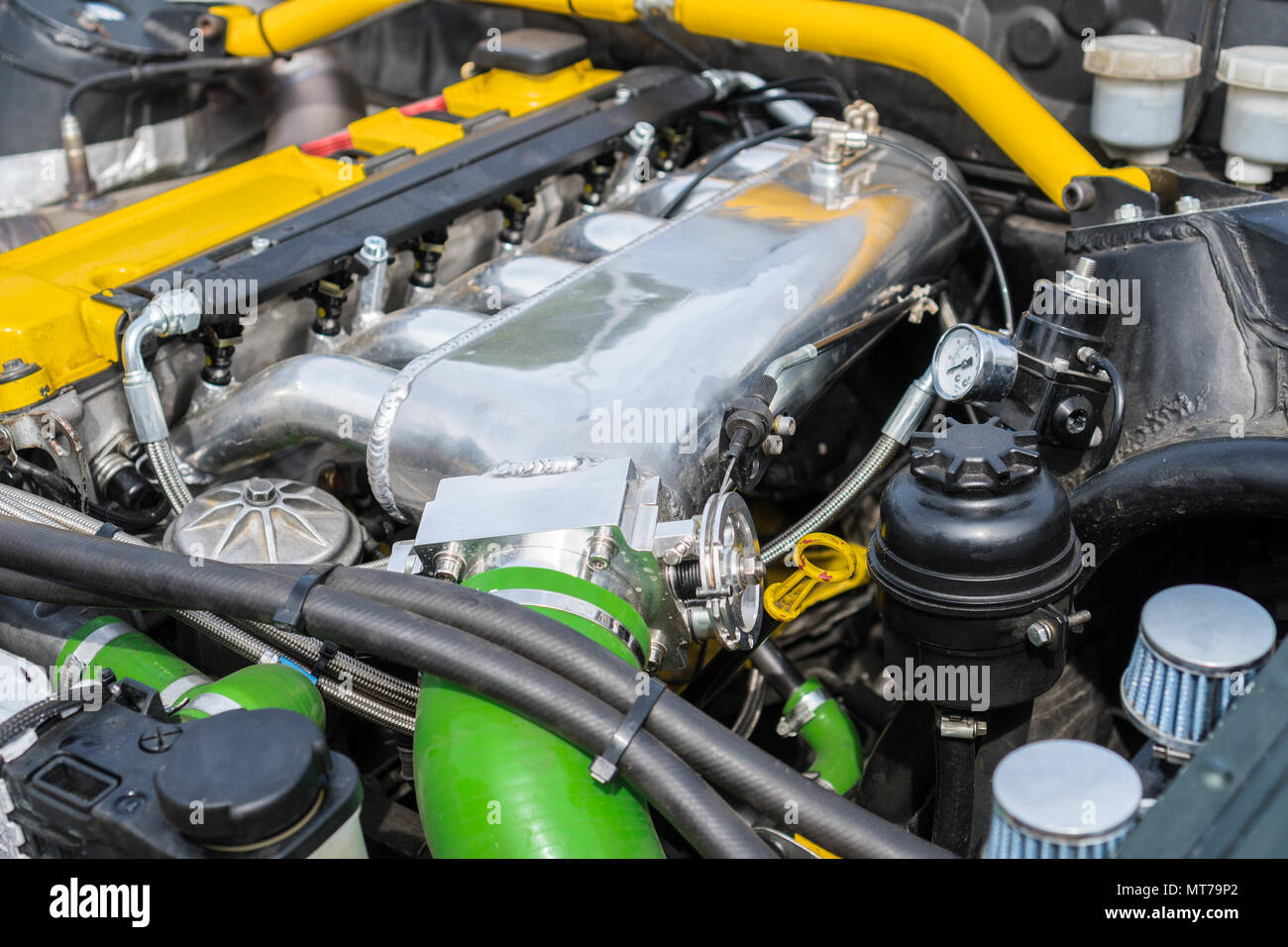 Tuned turbo nitrous oxide engine in car Stock Photo Alamy