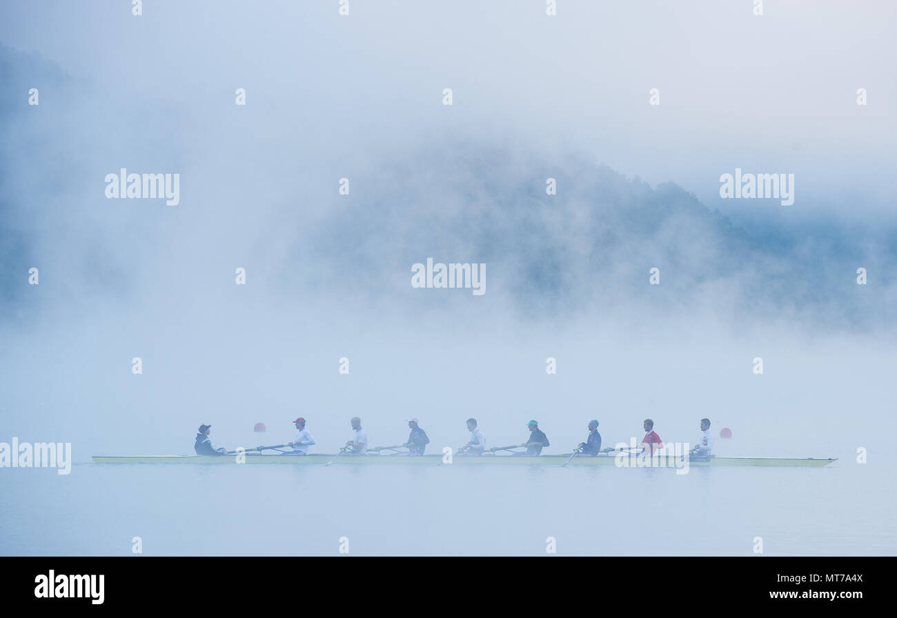 Aiguebelette, FRANCE,  RUS M8+, Training on the misty Lac d'Aiguebelette, with low laying cloud.   2015 FISA World Rowing Championships, Venue, Lake A Stock Photo