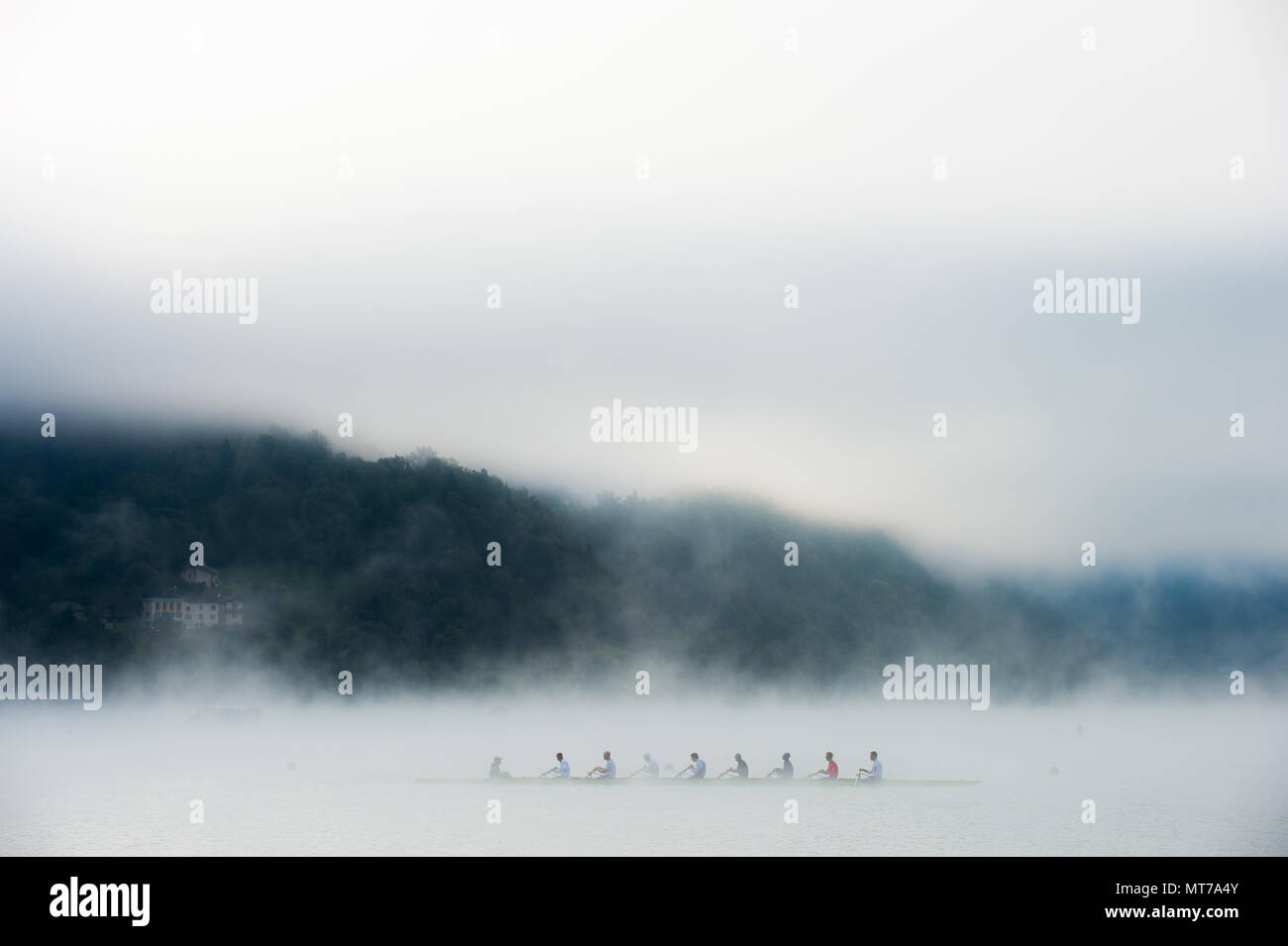 Aiguebelette, FRANCE,   RUS M8+. training on the Lac d'Aiguebelette. in misty conditions  2015 FISA World Rowing Championships, Venue, Lake Aiguebelet Stock Photo