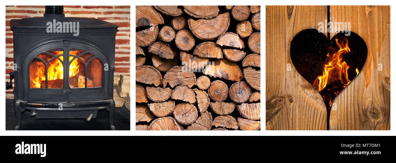 Wood burning stove and logs photocollage Stock Photo Alamy