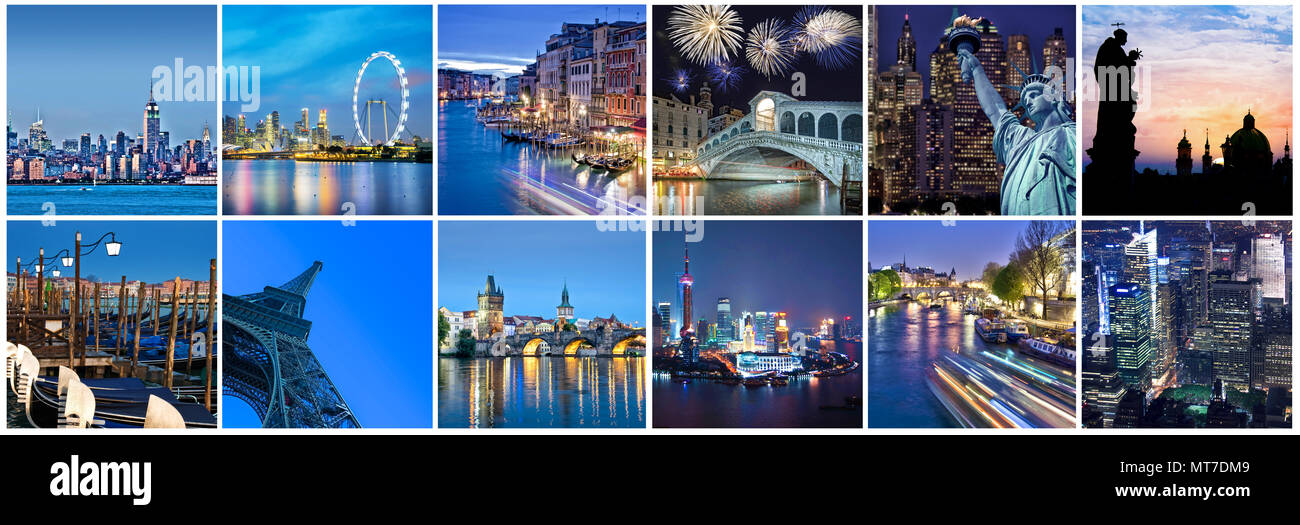 Cities of the word at night, panoramic collage Stock Photo