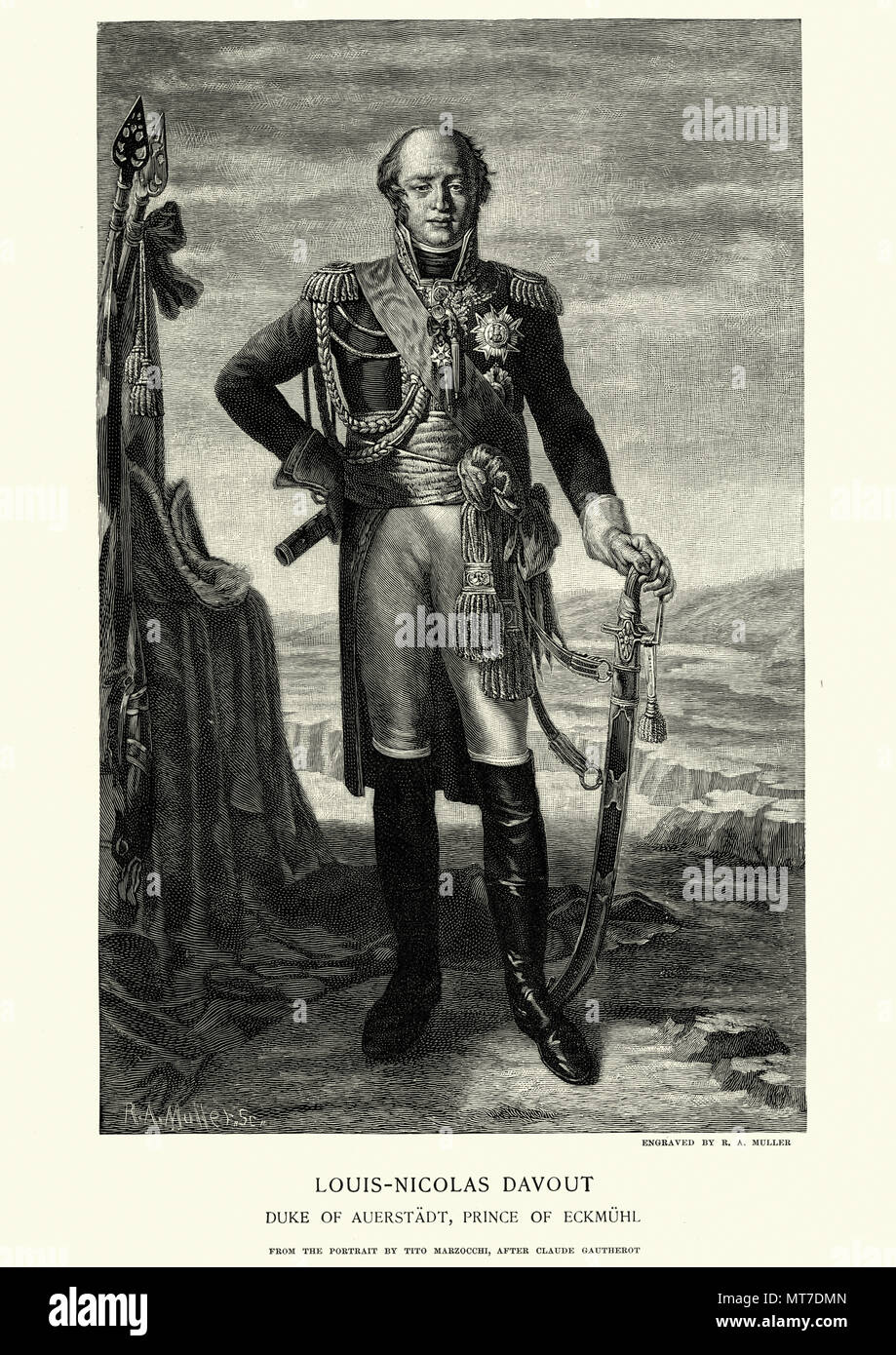 Vintage engraving of Louis-Nicolas Davout 10 May 1770 – 1 June 1823, better known as Davout, 1st Duke of Auerstaedt, 1st Prince of Eckmühl, was a Fren Stock Photo