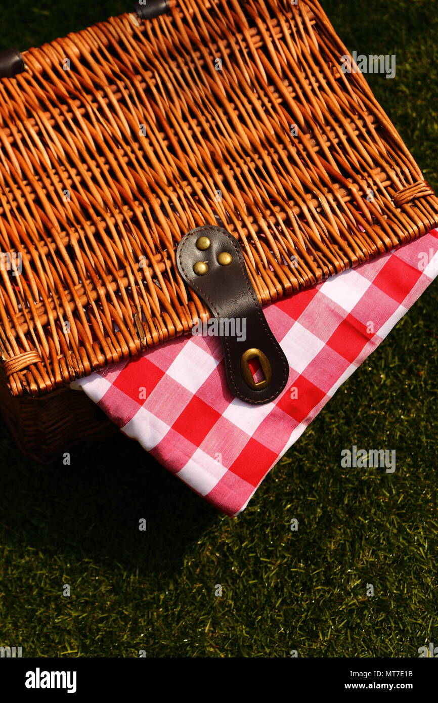 Wicker picnic basket with a red and white gingham cloth on a grass ...