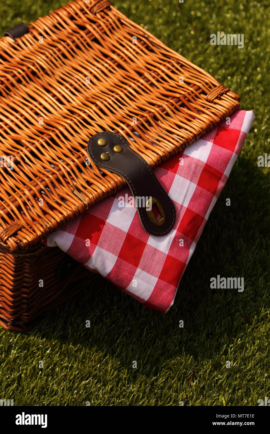 Wicker picnic basket with a red and white gingham cloth on a grass ...