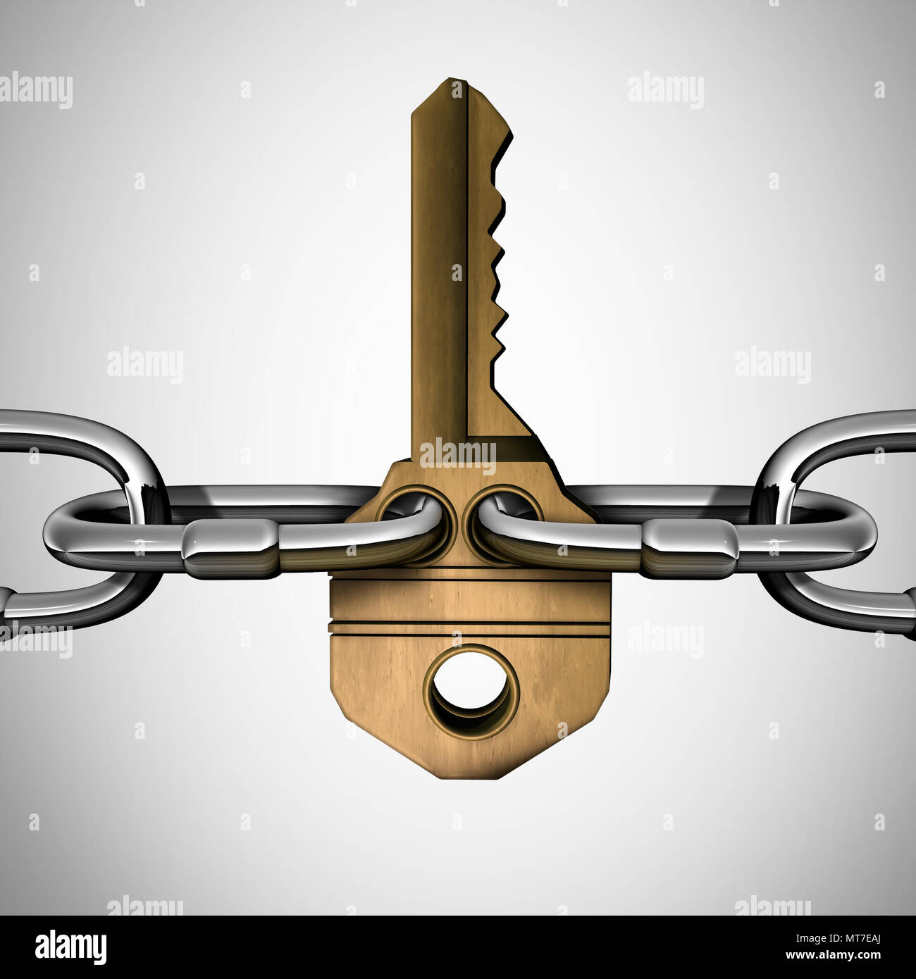 Key chain concept success idea as links attached with a giant golden brass security object acting as a strong network connection. Stock Photo