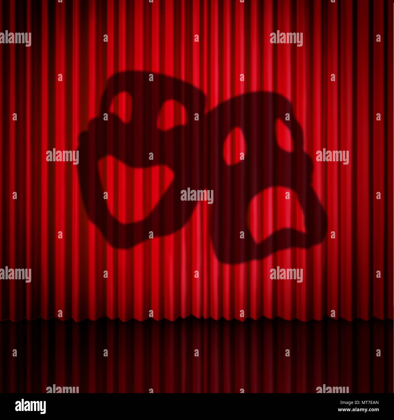 Theatre mask curtains as a drama performance stage concept with comedy and tragedy masks as a 3D illustration. Stock Photo