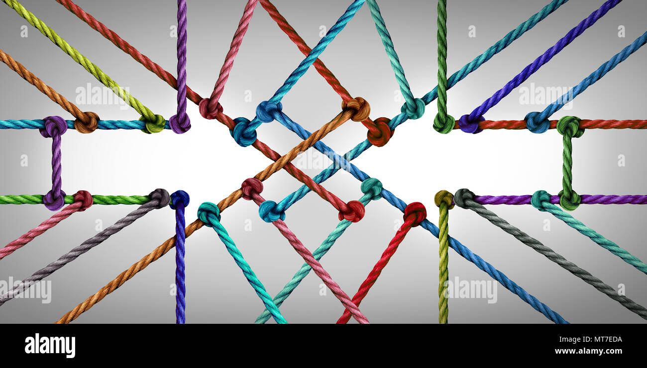 Arrow connection network as a social connected networking community joining together as a group of diverse ropes tied. Stock Photo