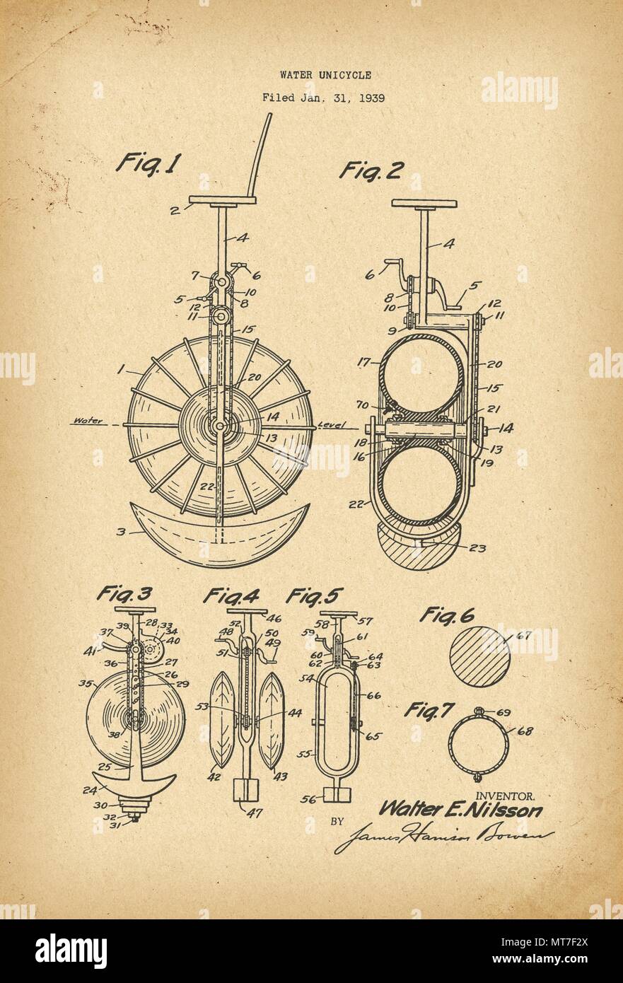 1939 Patent Velocipede floating Bicycle water Unicycle history