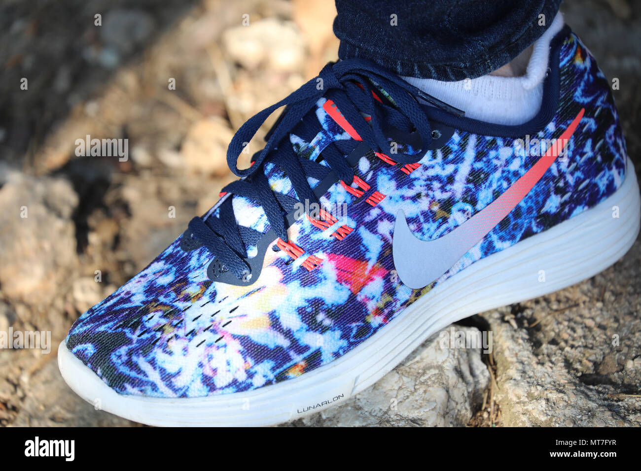 Roquebrune-Cap-Martin, France - March 23, 2018: Close Up Shot of a Woman's Nike  Lunarlon Running Shoe (Multicolor) in Nature Stock Photo - Alamy