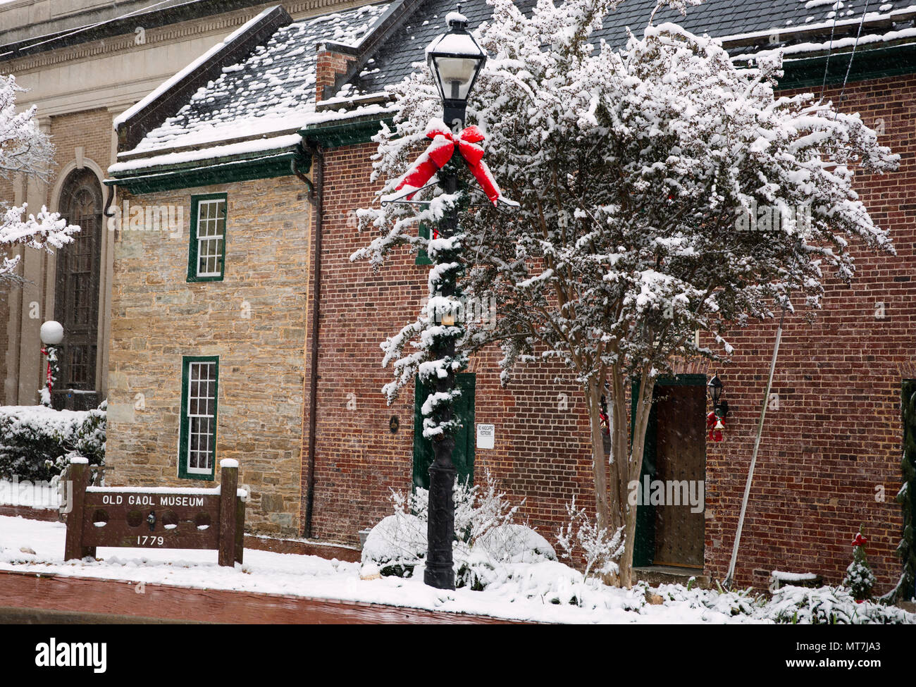 Old jail in Warrenton Virginia at Christmas time in the snow in