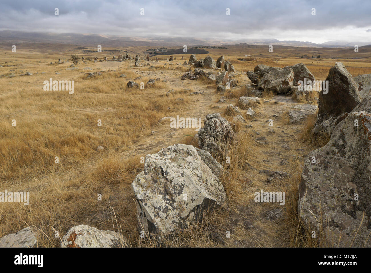 Karahunj (Carahunge) Observatory near the town of Sisian, Armenia Stock Photo