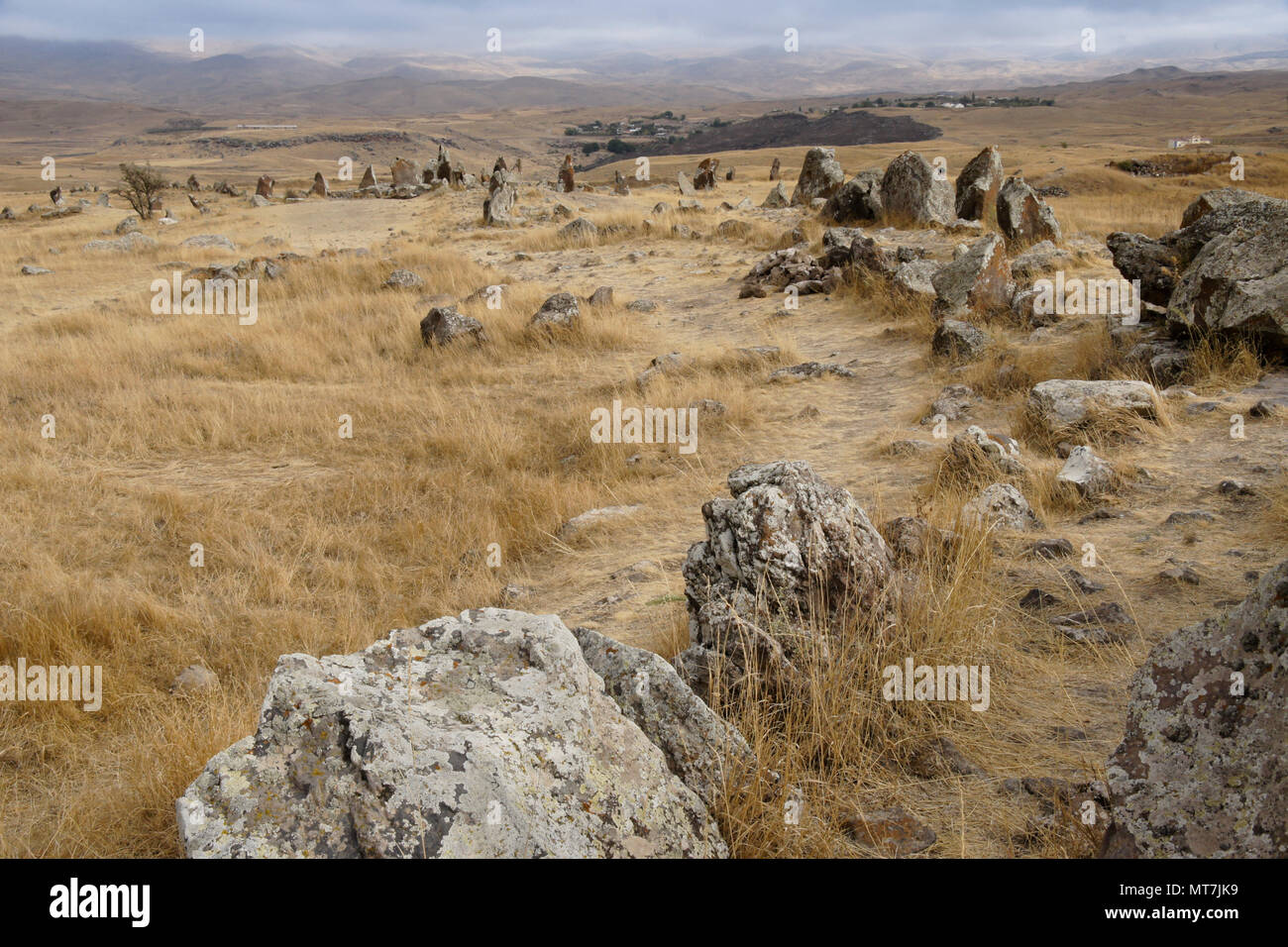 Karahunj (Carahunge) Observatory near the town of Sisian, Armenia Stock Photo