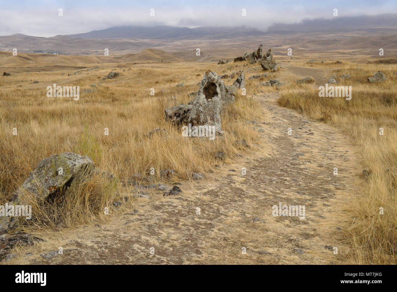 Karahunj (Carahunge) Observatory near the town of Sisian, Armenia Stock Photo