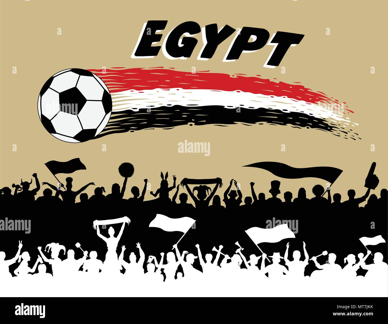 Egypt flag colors with soccer ball and Egyptian supporters silhouettes. All the objects, brush strokes and silhouettes are in different layers and the Stock Vector