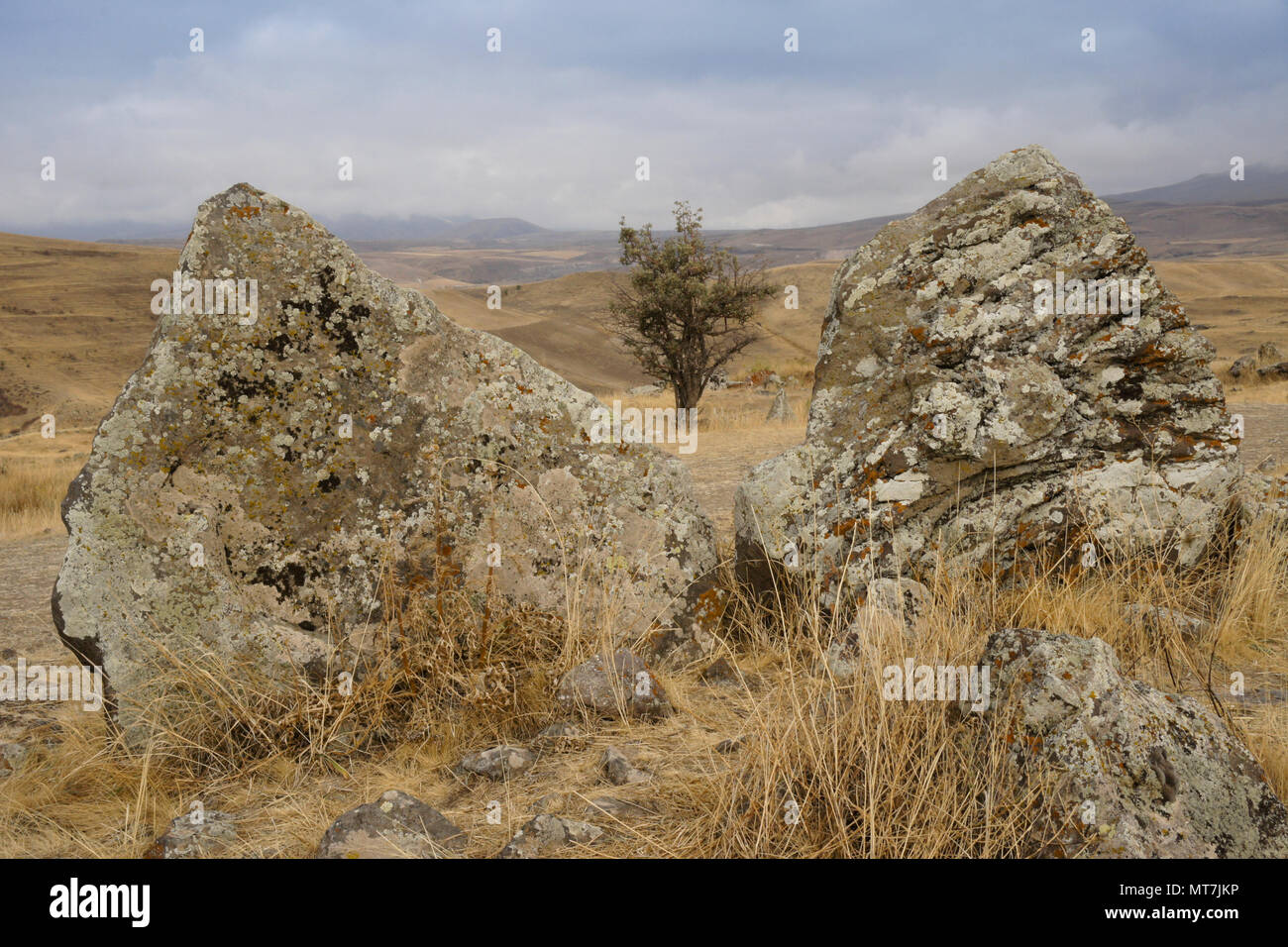 Karahunj (Carahunge) Observatory near the town of Sisian, Armenia Stock Photo