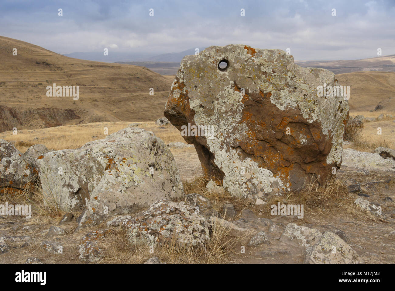 Karahunj (Carahunge) Observatory near the town of Sisian, Armenia Stock Photo
