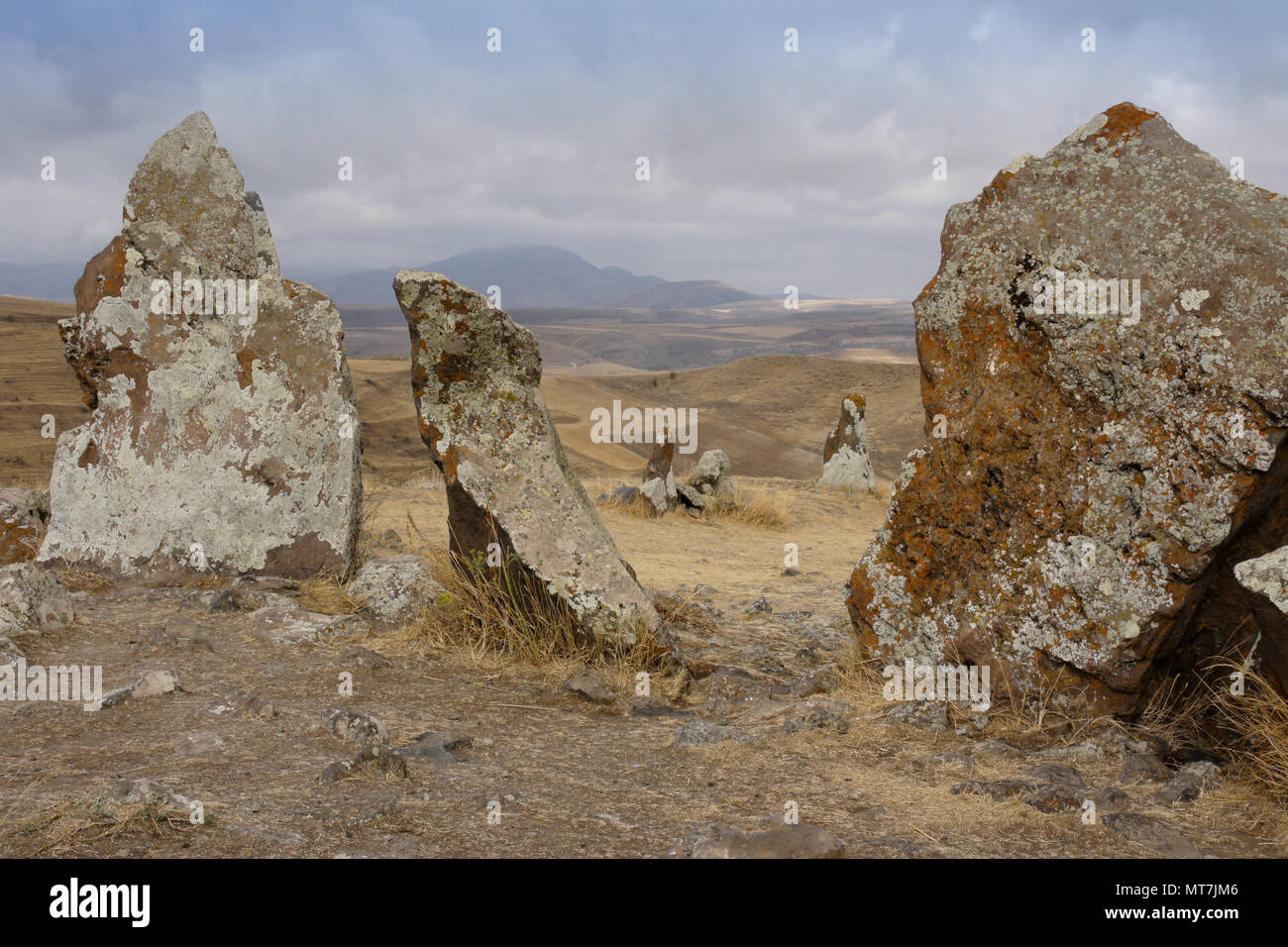 Karahunj (Carahunge) Observatory near the town of Sisian, Armenia Stock Photo