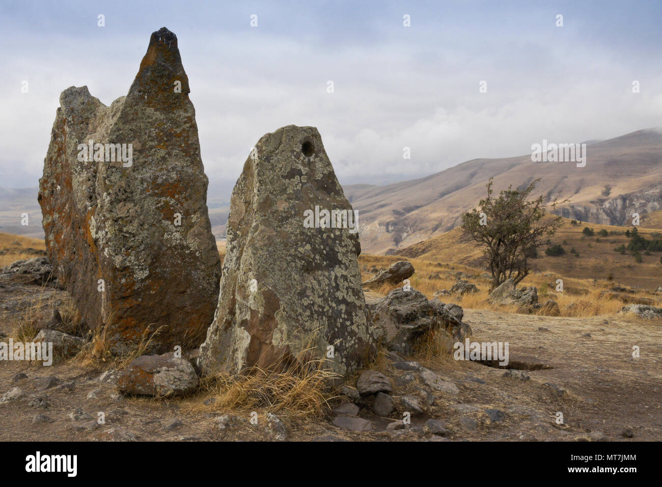 Karahunj (Carahunge) Observatory near the town of Sisian, Armenia Stock Photo