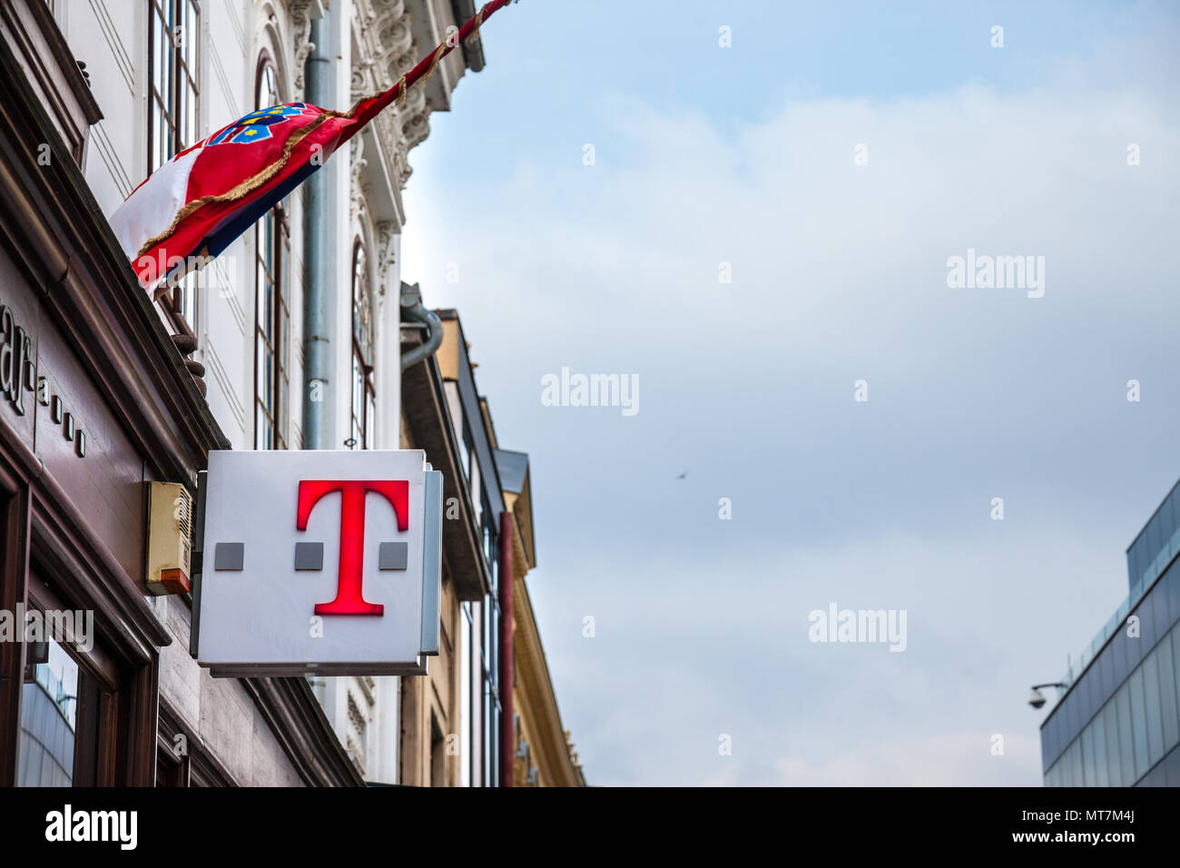 VUKOVAR, CROATIA - FEBRUARY 25, 2018: T Mobile Logo on their main shop in Vukovar. T-Mobile, is one of the main mobile network operator in Croatia, be Stock Photo