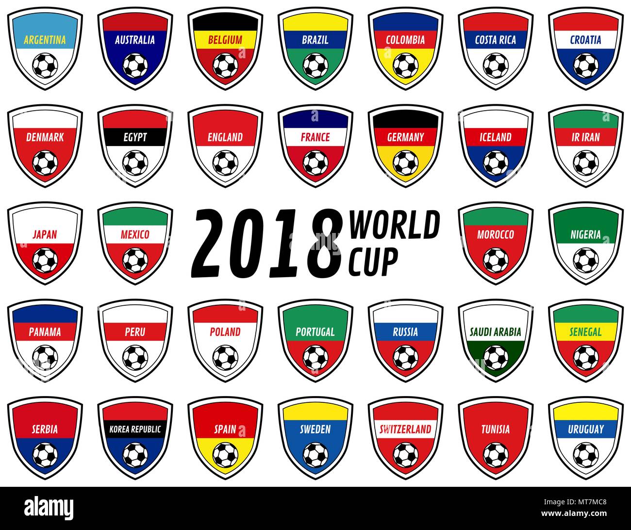 2018 World Cup Russia team badges depicting the colors of the participating countries of qualified teams Stock Vector