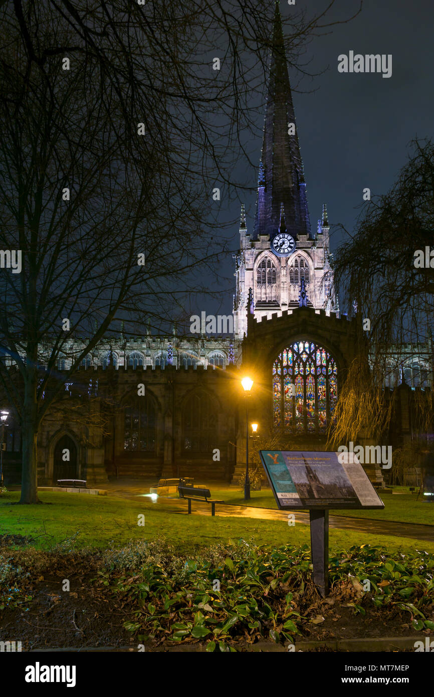 Rotherham Minster (All Saints Church of England) at night with long exposure; View of Rotherham town centre, South Yorkshire, England Stock Photo