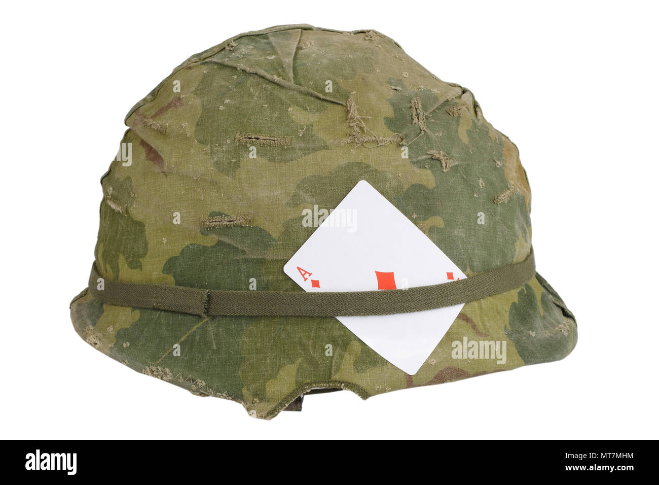 US Army helmet Vietnam war period with camouflage cover and ammo belt ...