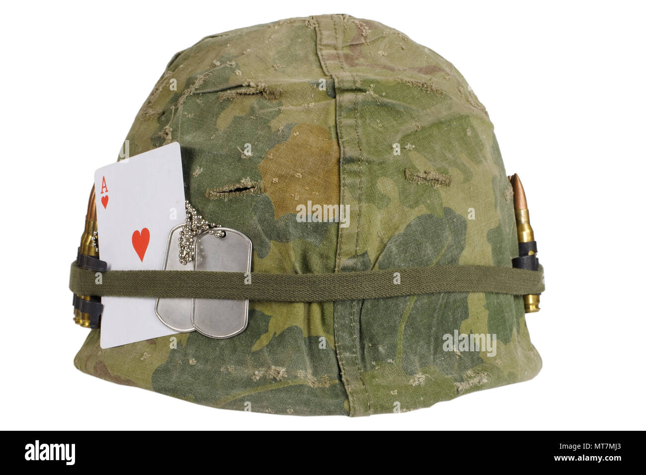 US Army helmet Vietnam war period with camouflage cover and ammo belt