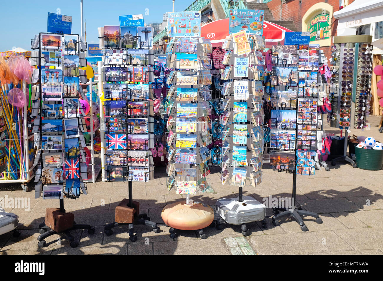Souvenir stalls on beach promenade, Kings Road Arches, Brighton, East Sussex, England, United Kingdom Stock Photo