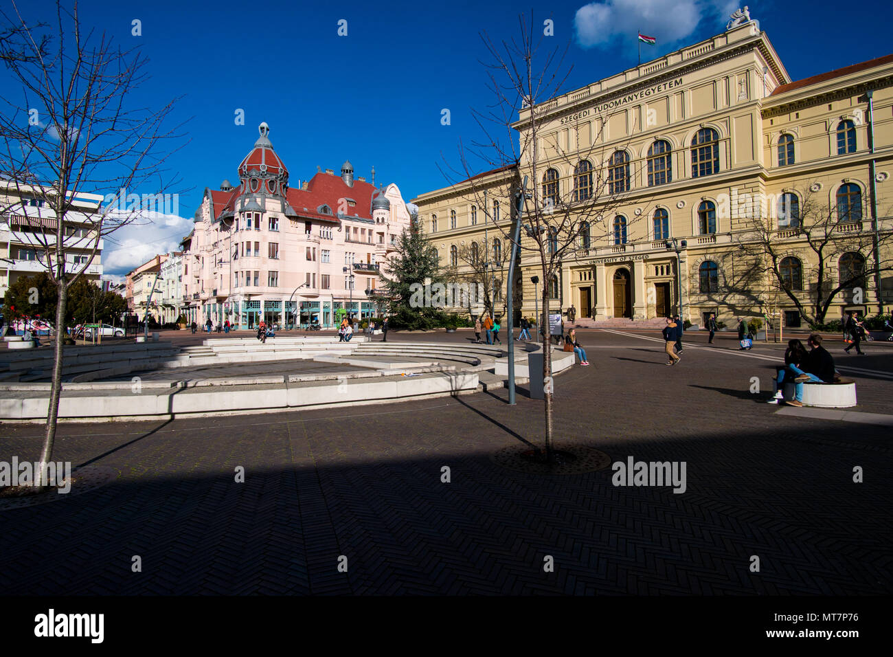 Szeged, Hungary - March 13, 2018: Dugonics square in the center of Szeged with University building on the right Stock Photo
