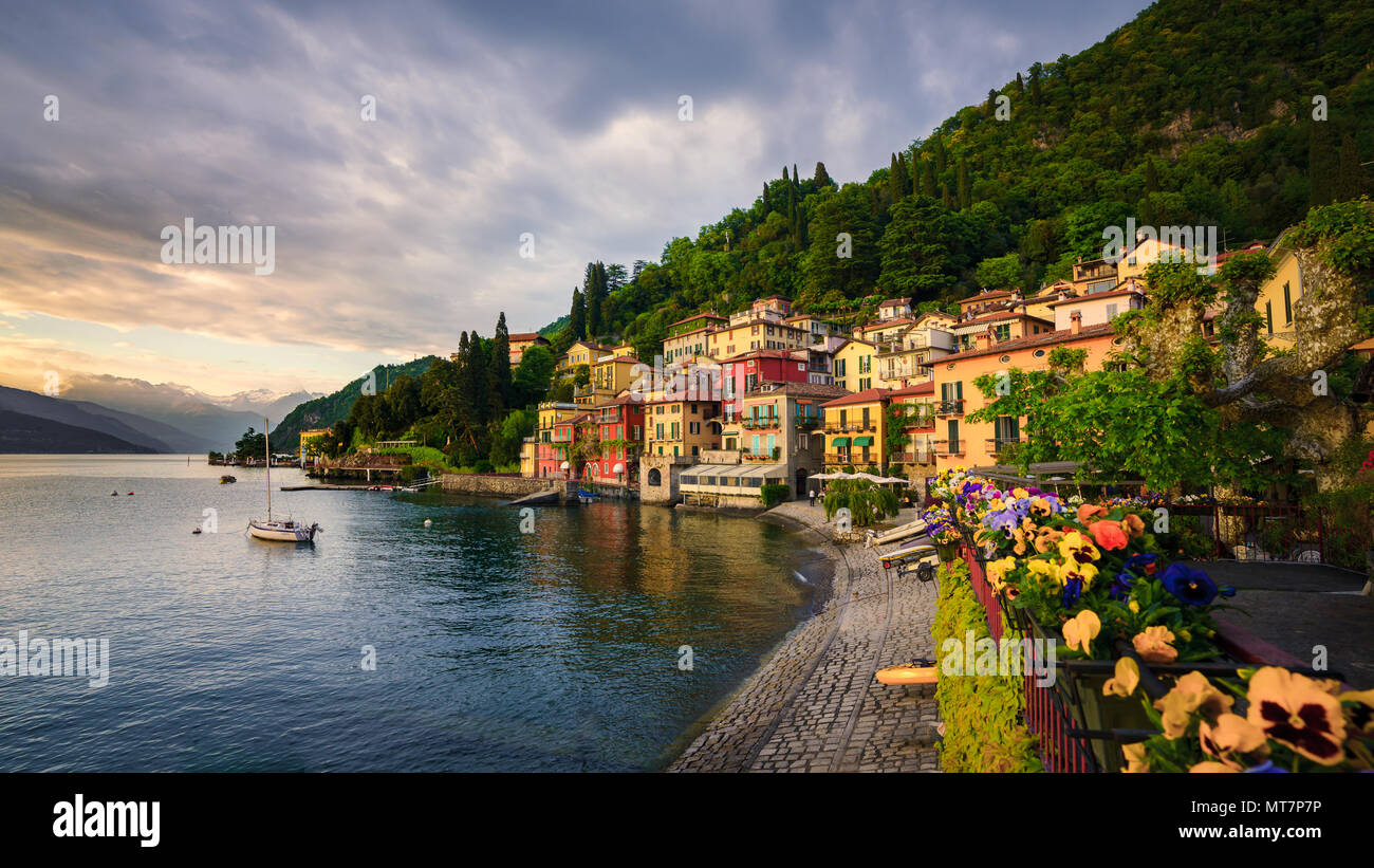 Sunset Over The Beautiful Town Of Varenna Lake Como Lombardy