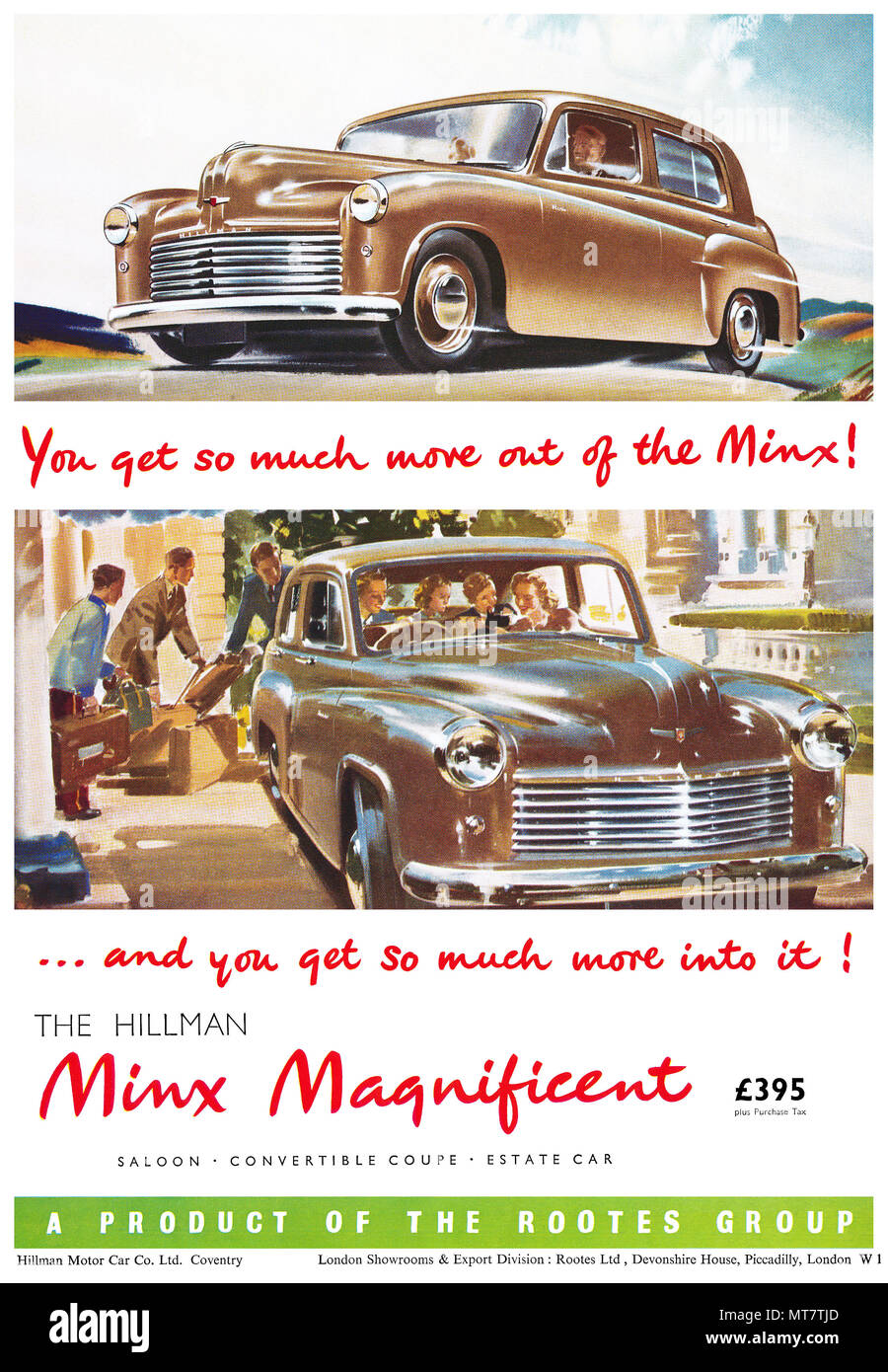 1950 British advertisement for the Hillman Minx motor car. Stock Photo