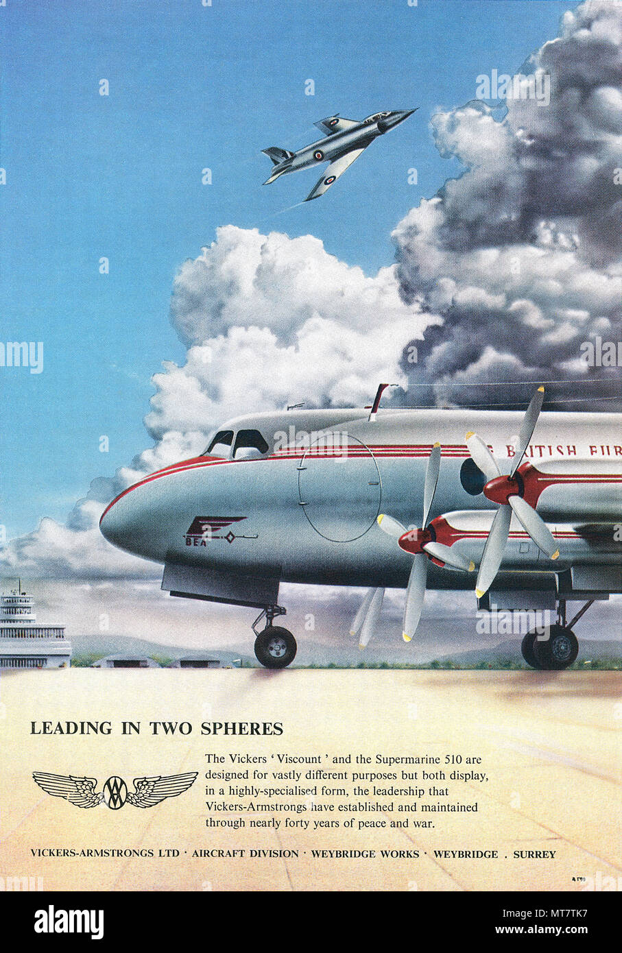 1950 British advertisement for Vickers-Armstrongs, showing the Vickers Viscount airliner and the Supermarine 510 jet fighter. Stock Photo