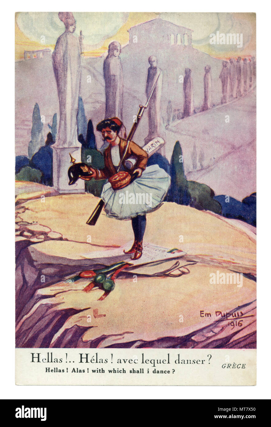 French historical postcard: Political satire in a neutral country: 'Helas! Alas! with wich shall I dance' Greece chooses an ally. world war one 1916. Stock Photo