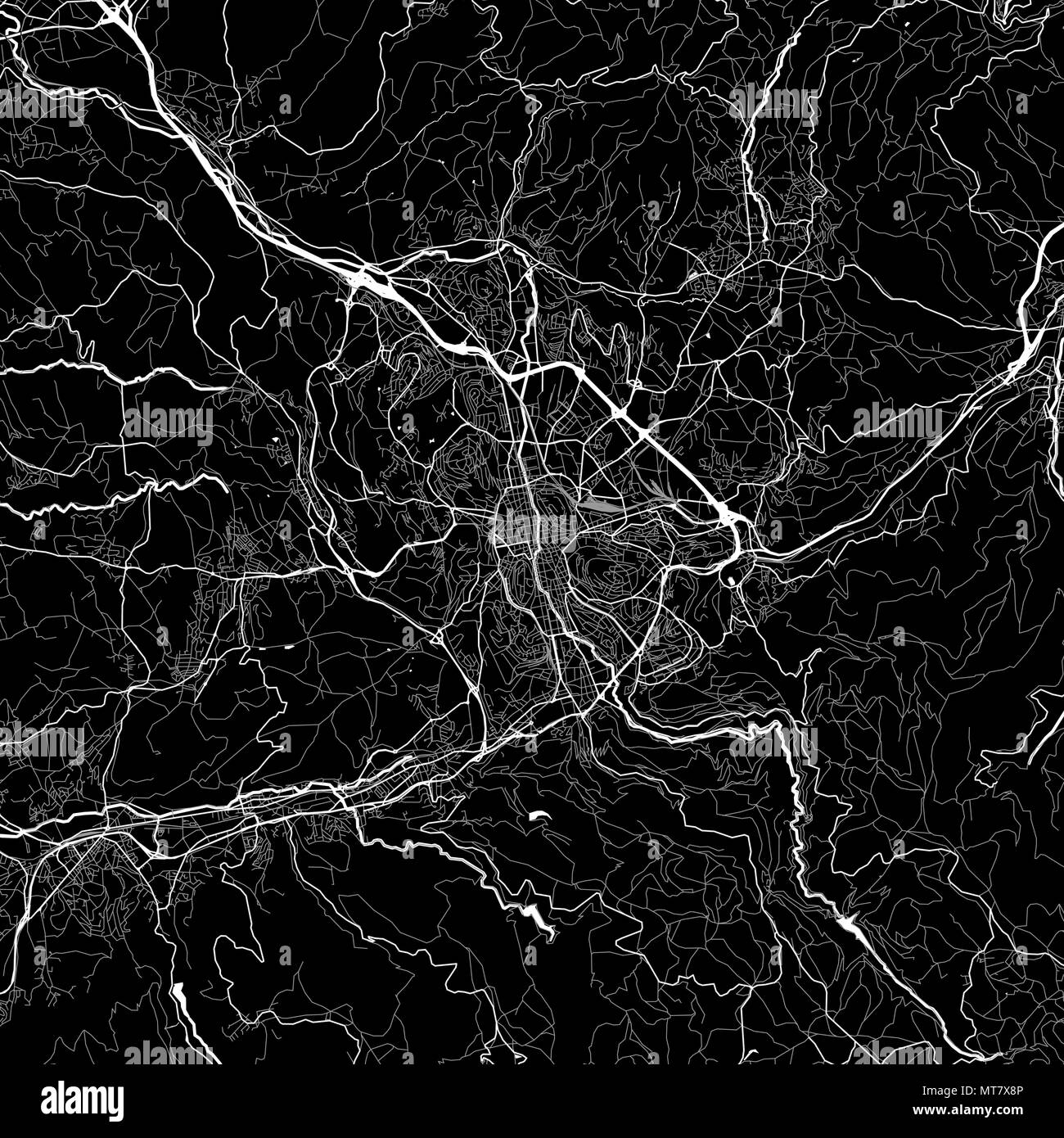 Area map of Saint-Étienne, France. Dark background version for infographic and marketing projects. This map of Saint-Étienne, Loire, contains typical  Stock Vector