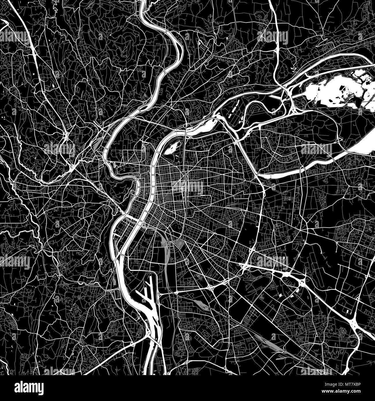 Area map of Villeurbanne, France. Dark background version for infographic and marketing projects. This map of Villeurbanne, Rhône, contains typical la Stock Vector