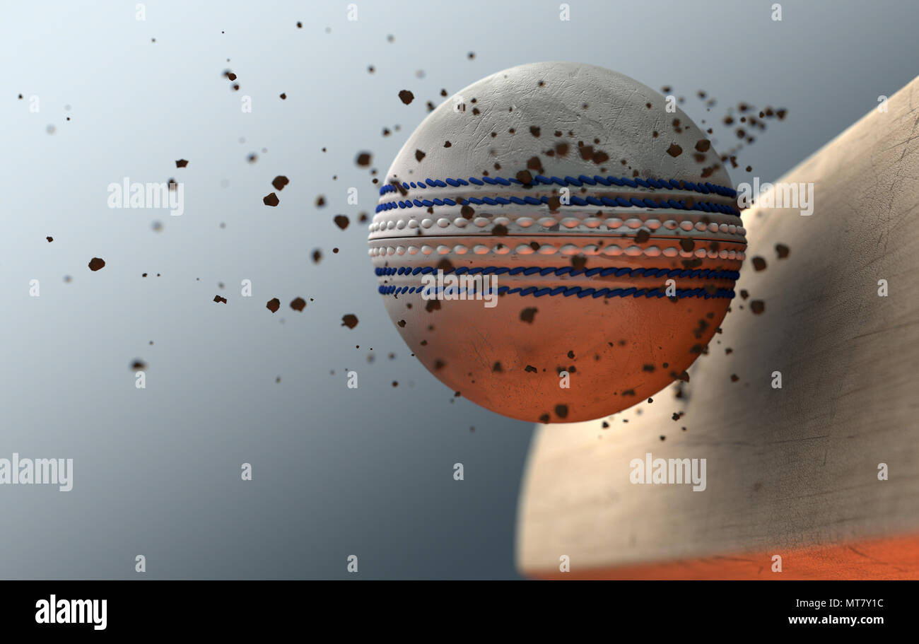 An extreme closeup slow motion action capture of a white cricket ball striking a wooden bat with dirt particles emanating on a dark isolated backgroun Stock Photo