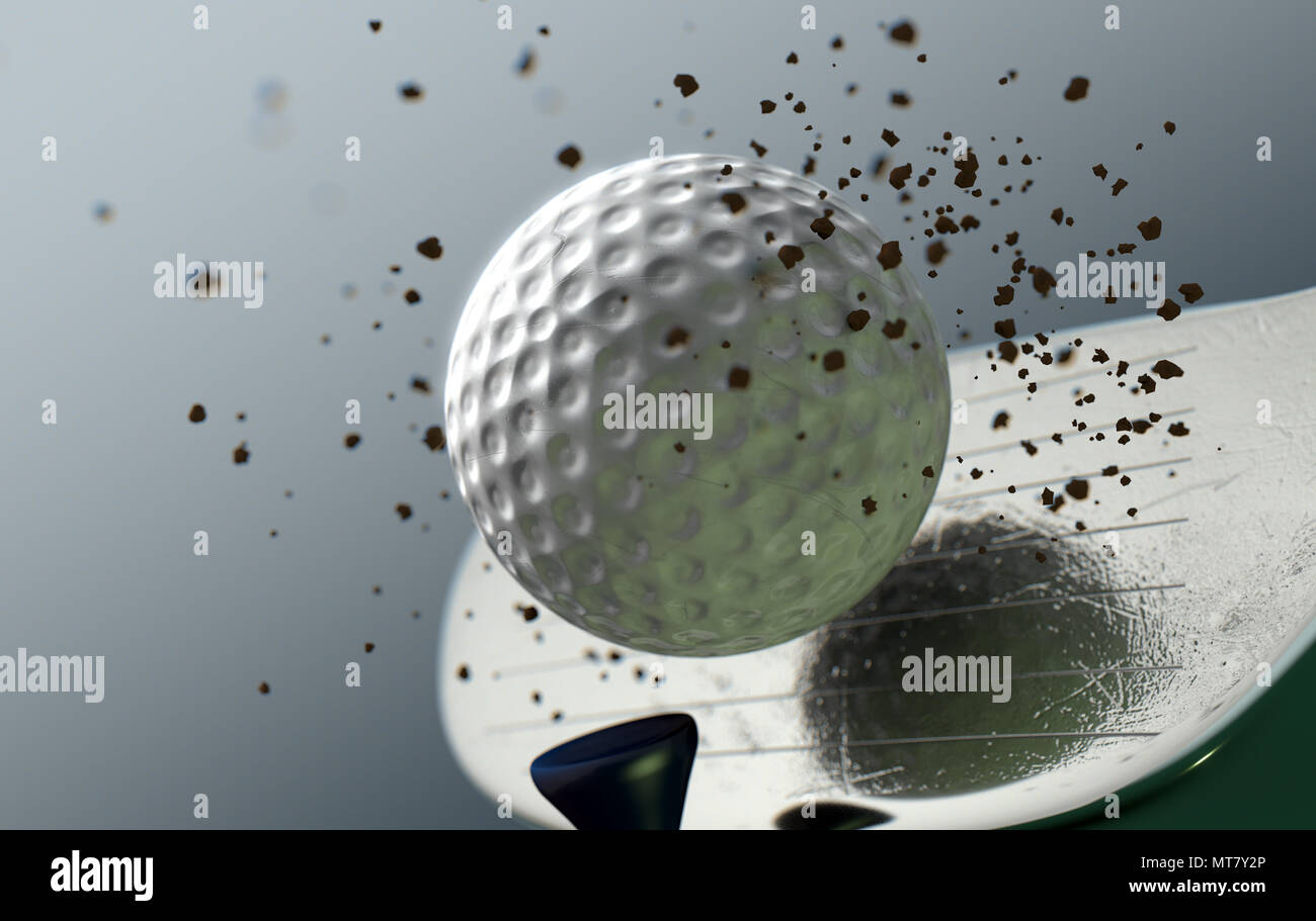 An extreme closeup slow motion action capture of a golf wood club striking a ball with dirt particles emanating on a dark isolated background - 3D ren Stock Photo
