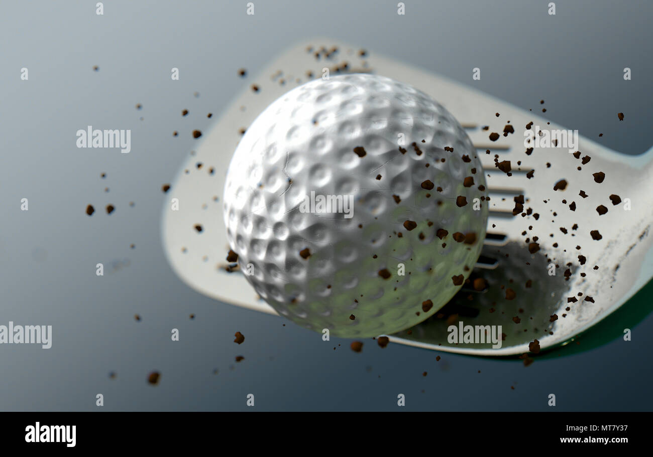 An extreme closeup slow motion action capture of a golf iron club striking a ball with dirt particles emanating on a dark isolated background - 3D ren Stock Photo