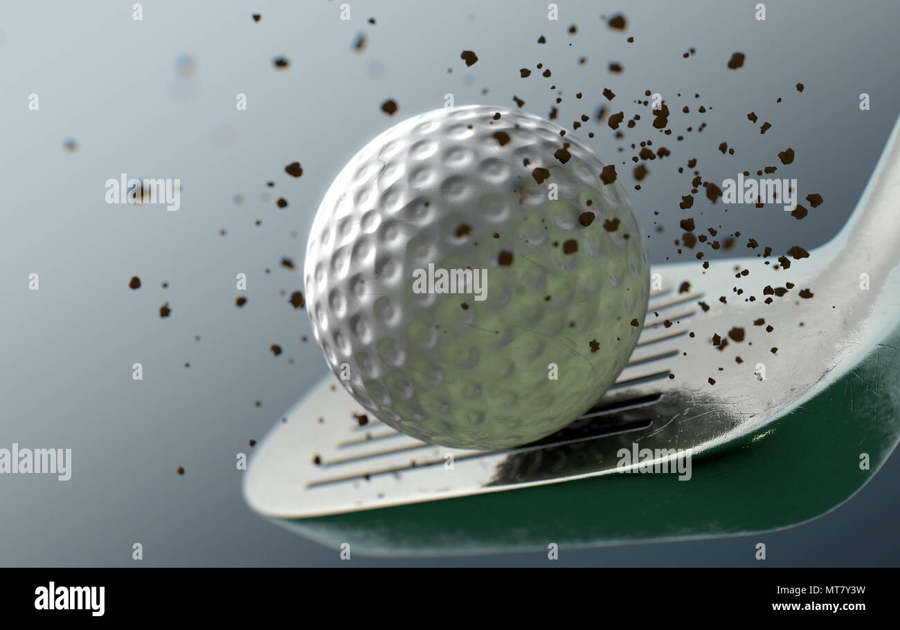 An extreme closeup slow motion action capture of a golf iron club striking a ball with dirt particles emanating on a dark isolated background - 3D ren Stock Photo