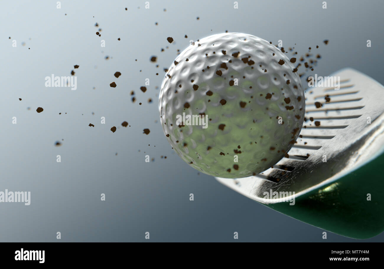 An extreme closeup slow motion action capture of a golf iron club striking a ball with dirt particles emanating on a dark isolated background - 3D ren Stock Photo